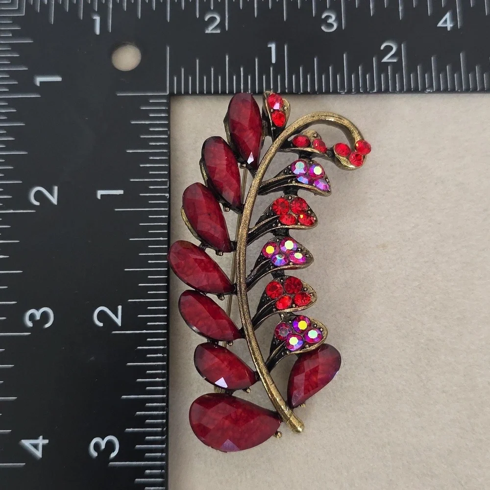 Vintage Antique Gold Red Fern Branch Brooch Pin